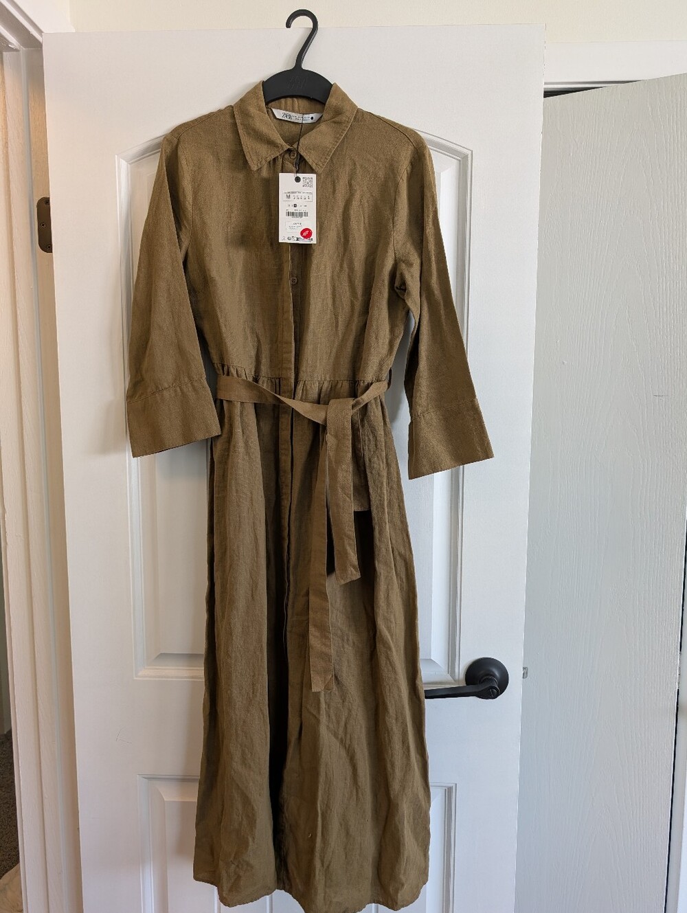 Zara Olive Linen Button-Front Shirt Dress